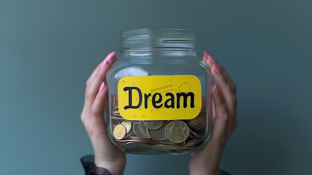 a jar of coins that says dream in it