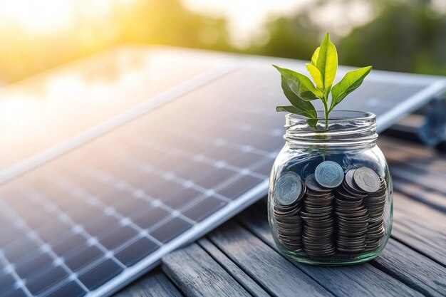 Photo a jar of coins with a plant growing out of it