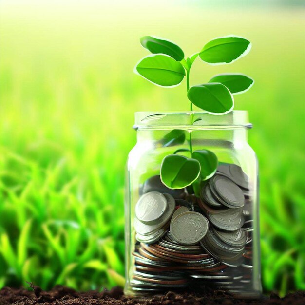 A jar of coins with a plant growing out of it