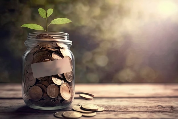 A jar of coins with a plant growing out of it