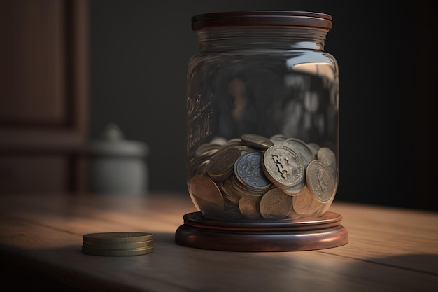 A jar of coins with the word " a " on the top.