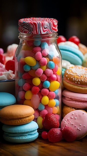 a jar of colorful candy sits next to a jar of cookies.