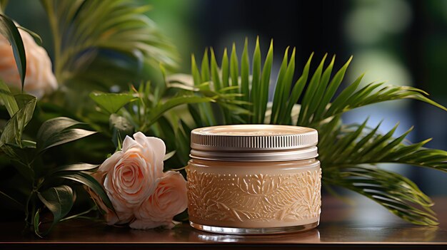 Jar of cosmetic cream and plants