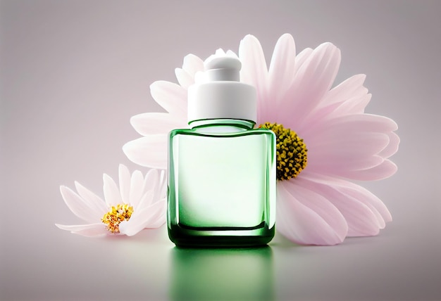 Jar cosmetic with flowers Natural cosmetics beauty concept Modern still life product photo AI Generated