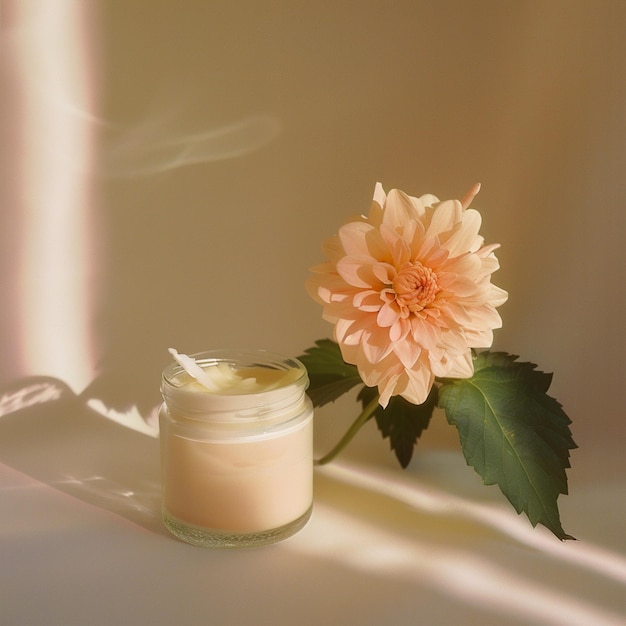 a jar of cream next to a flower