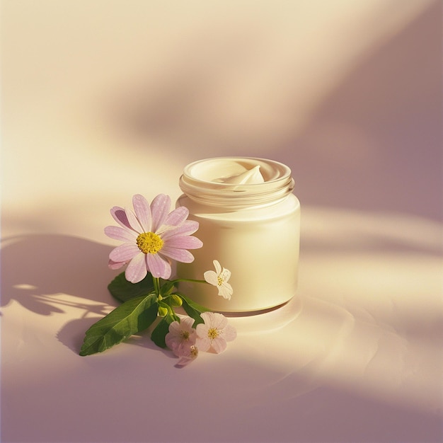 a jar of cream next to a flower