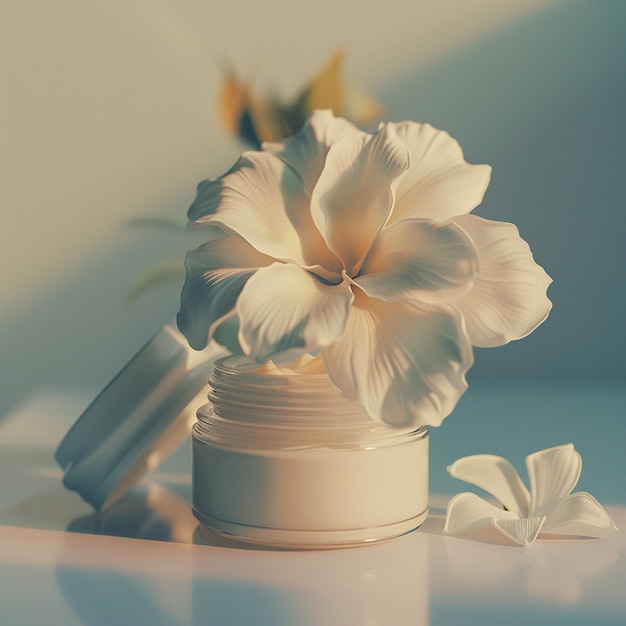 a jar of cream next to a flower