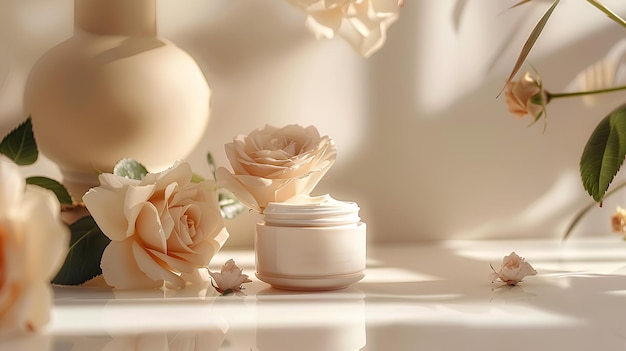 A jar of cream surrounded by flowers and a vase of flowers on a table with a shadow of the jar a