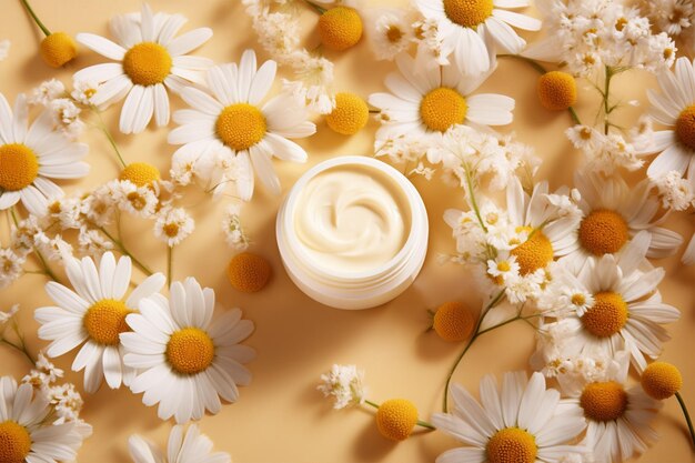 Jar of cream with chamomile extract top view decorative cosmetics personal care products