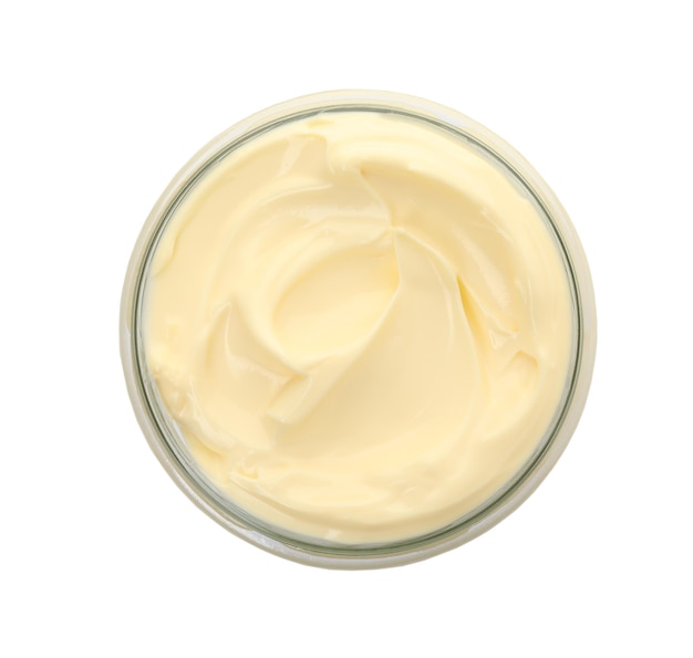 Jar of delicious mayonnaise isolated on white top view