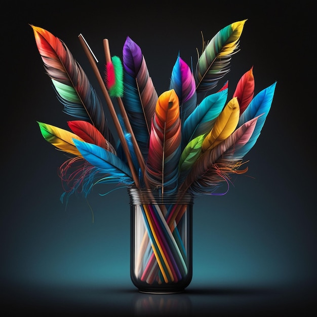 A jar of feathers with a colorful feather on the bottom.