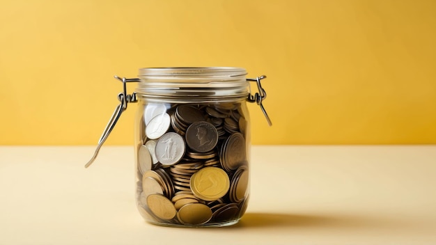 A jar filled with coins placed on a wooden surface against a plain yellow background