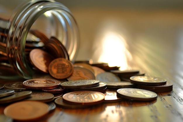 Jar Filled With Coins on Wooden Table