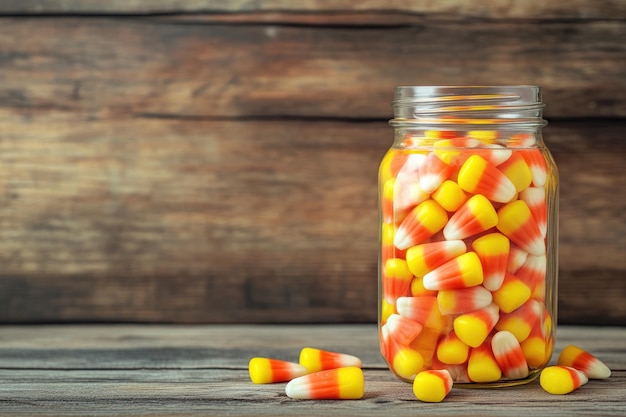 A jar filled with colorful candy corn on a rustic wooden surface