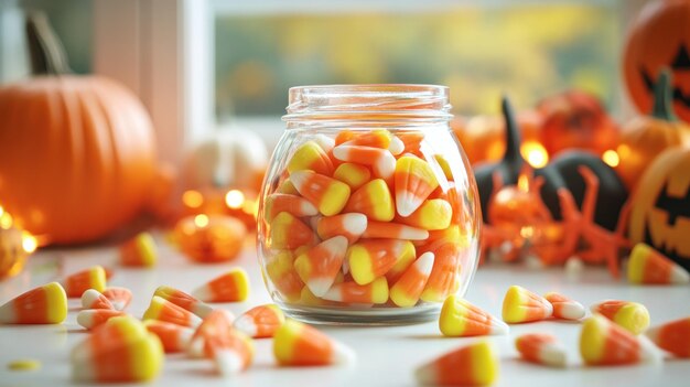 A jar filled with colorful candy corn surrounded by Halloween decorations