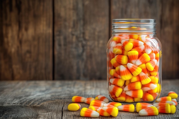 A jar filled with colorful candy corn surrounded by scattered pieces on a wooden surface