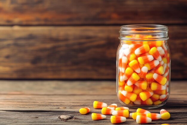 A jar filled with colorful candy corn with some pieces scattered on a wooden surface