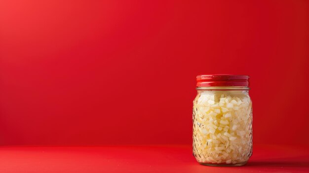 Jar filled with diced white onions on red background