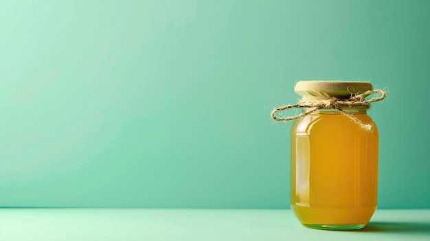 Jar filled with honey on light green background