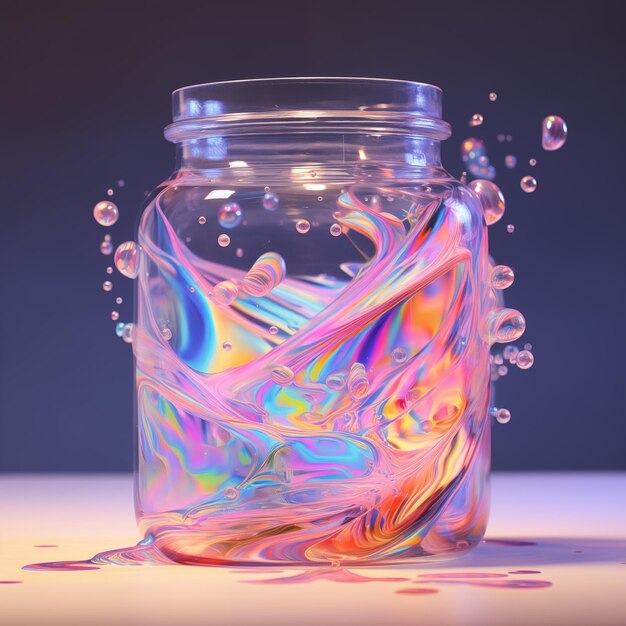 Jar filled with iridescent liquid and whimsical bubbles creating a surreal and vibrant visual effect