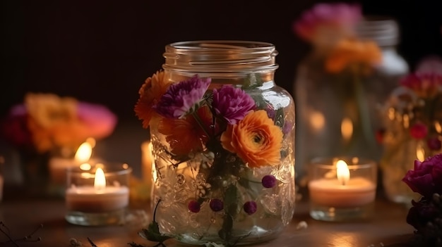 A jar of flowers sits on a table with candles in the background.