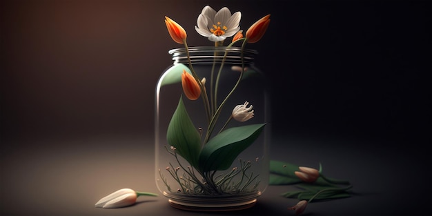 A jar of flowers sits on a table.