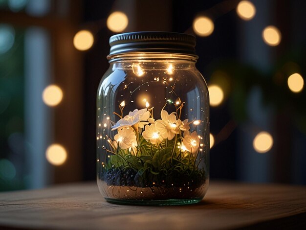 a jar of flowers with a string of lights behind it