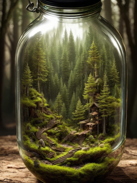 A jar of forest in a jar with a forest scene inside.