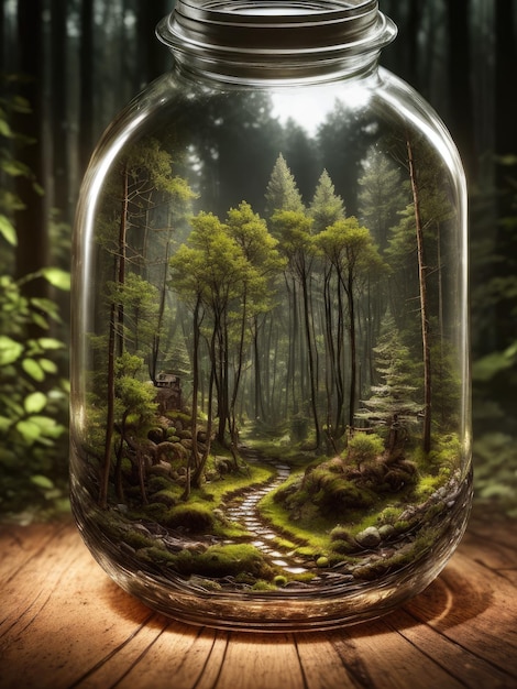 A jar of forest with a path in it