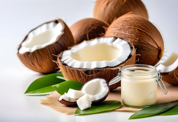 Photo a jar of fresh coconut butter with a spoon on a white background