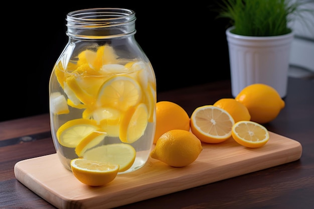 Jar of freshly squeezed lemonade with pieces of citrus and ice cubes created with generative ai