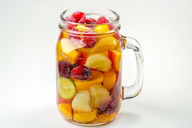 a jar of fruit is sitting on a table