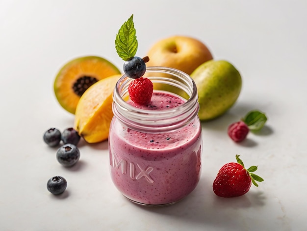 a jar of fruit next to a jar of fruit and a strawberry