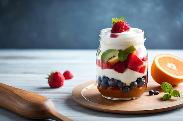 A jar of fruit salad with strawberries and blueberries on a wooden table.