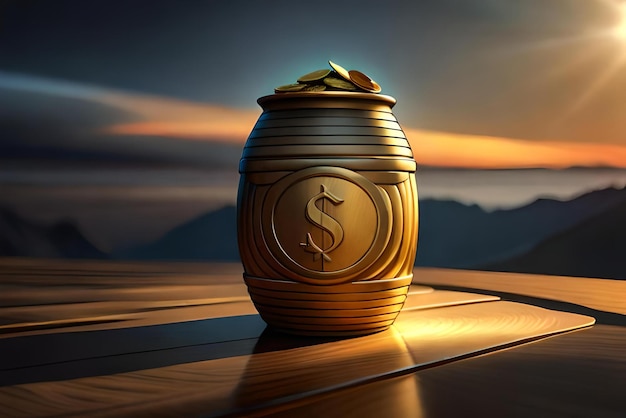 a jar of gold coins of money is on a table with a dark background