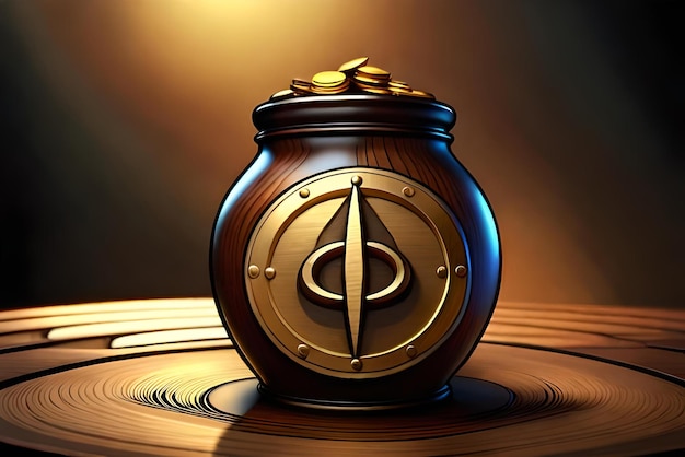 a jar of gold coins of money is on a table with a dark background