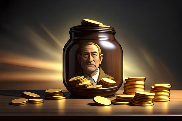 a jar of gold coins of money is on a table with a dark background