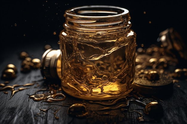 A jar of gold liquid is poured into a glass jar.