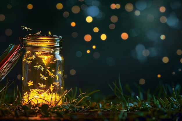 a jar of goldfish sits in the grass with the light shining on it