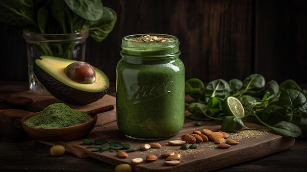 A jar of green smoothie with a green smoothie on a cutting board.