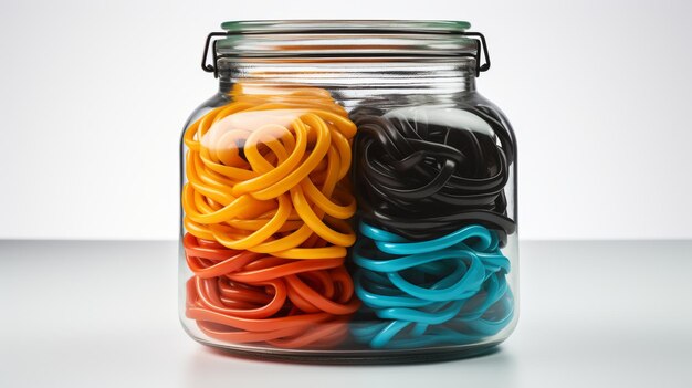 A jar holds a colorful assortment of rubber bands in various sizes and hues