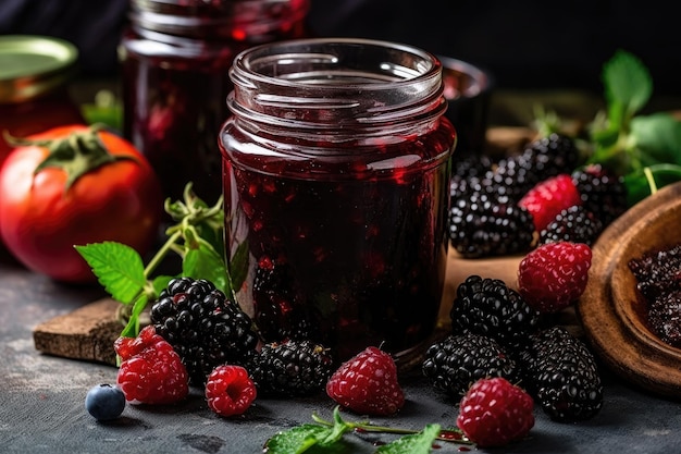 Jar of homemade berry jam ready to be enjoyed on toast or scones created with generative ai