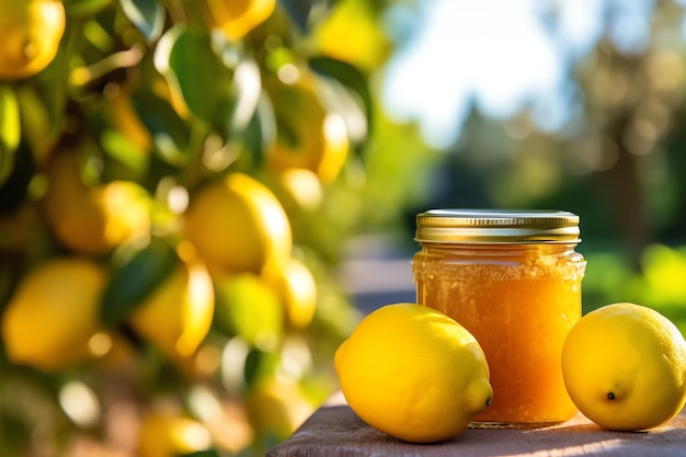 A jar of homemade lemon curd with a rustic lemon tree