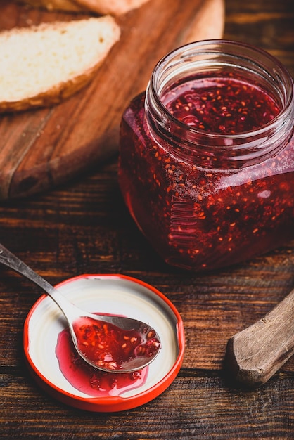 Jar of homemade raspberry jam