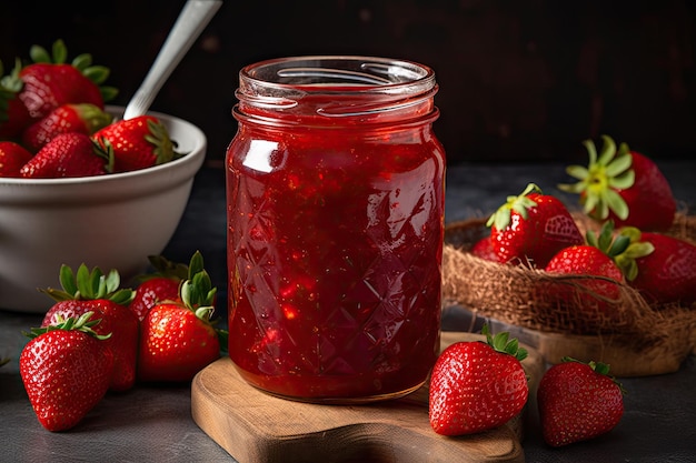 Jar of homemade strawberry preserves perfectly ripe and juicy berries created with generative ai