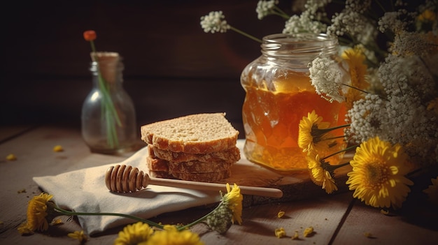 A jar of honey next to a bread slices