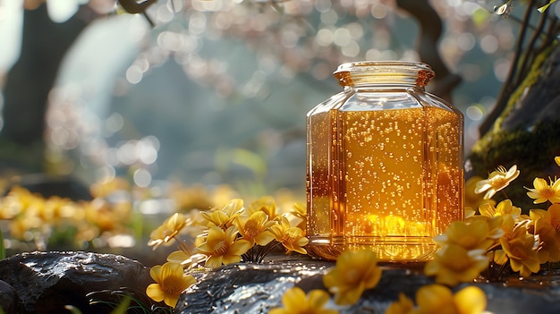 A jar of honey sits on a rock surrounded by yellow flowers