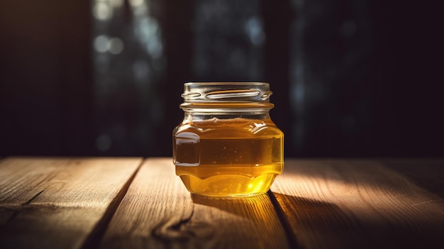 A jar of honey sits on a wooden table with a dark background behind it.