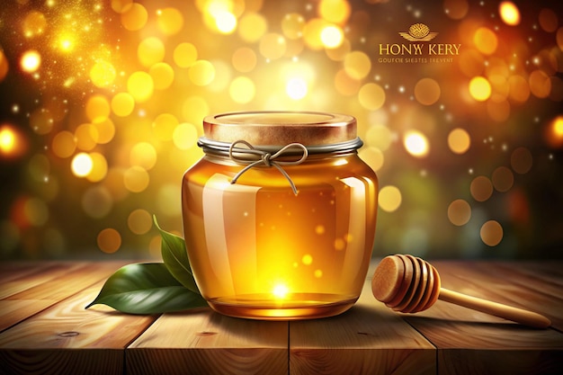 a jar of honey sits on a wooden table with a gold star on the background