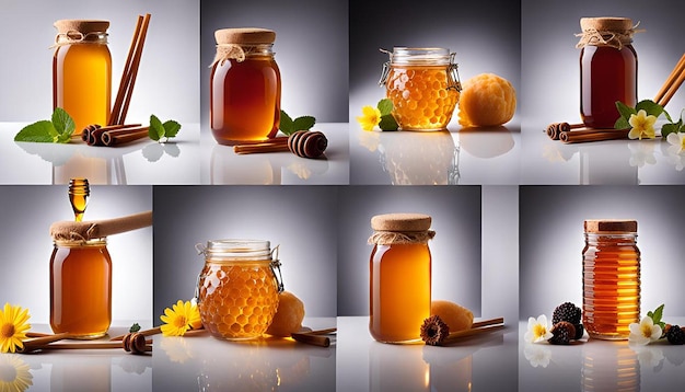 Photo a jar of honey sticks in various flavors and colors